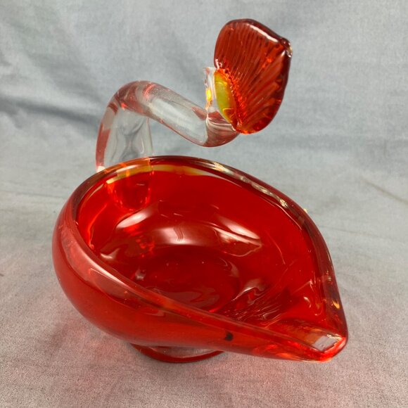 Vtg Red Handmade Blown Glass Red Peahen Trinket Soap Candy Nut Dish 7" - Picture 4 of 6